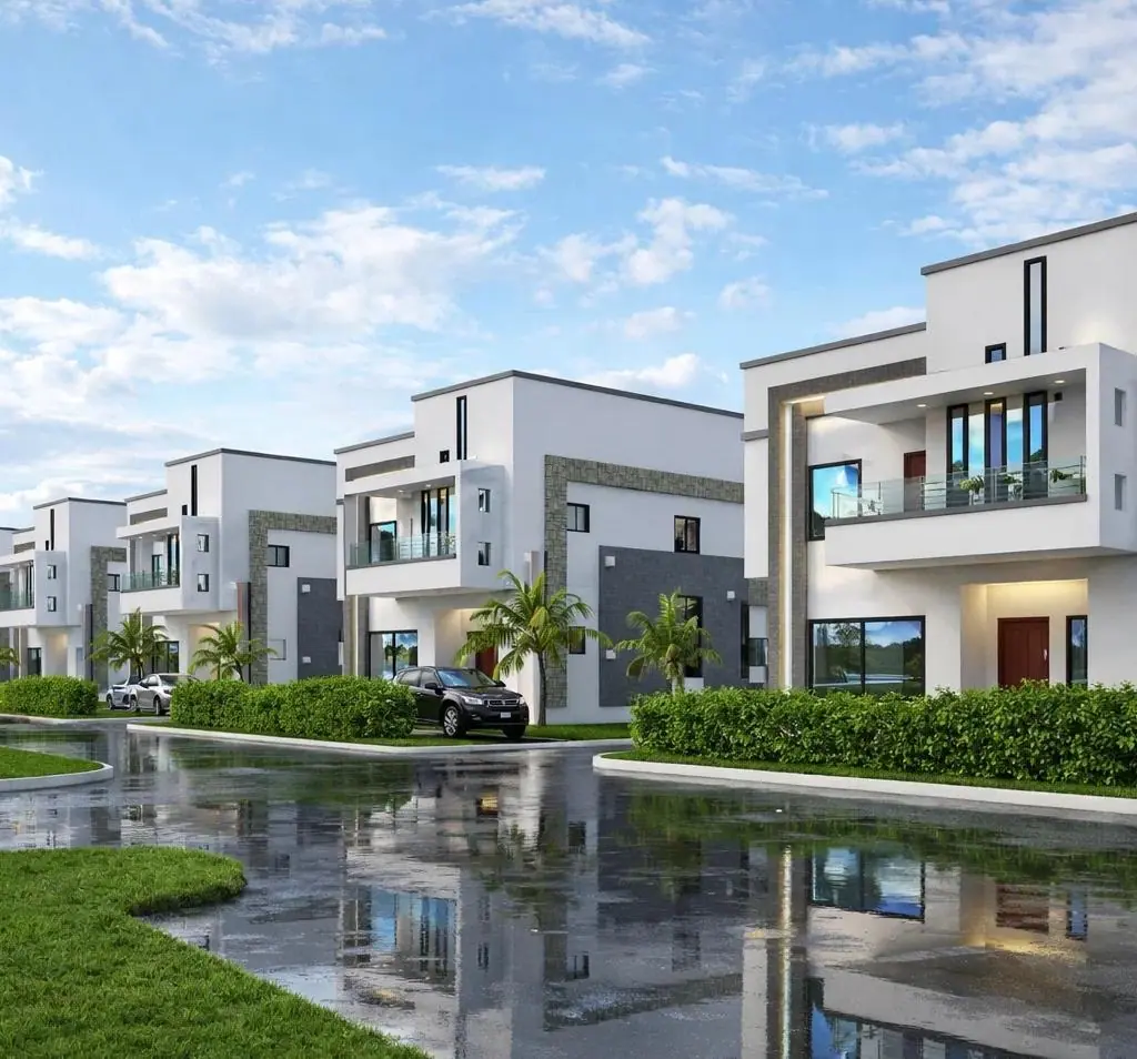 Rendering of the Three of Us streetscape, a row of white duplexes with grey stone cladding reflected in a rain-wet road