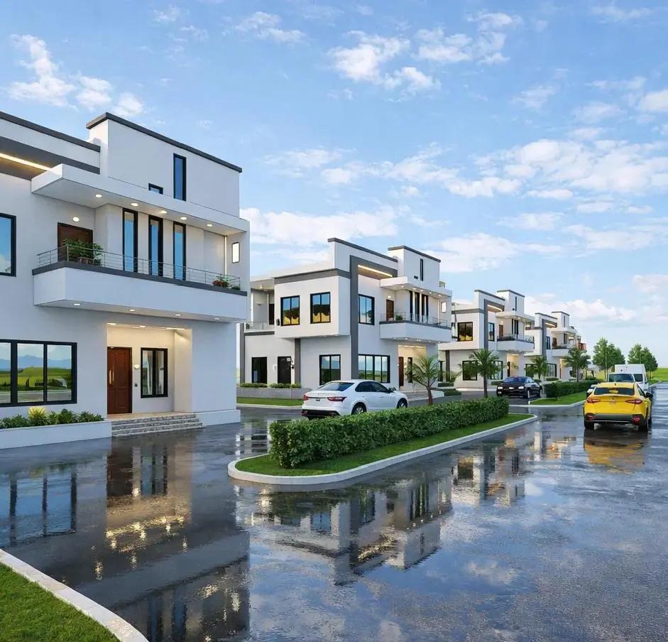 Rendering of the estate approach, with a corner duplex and hedged lawns lining the entrance road