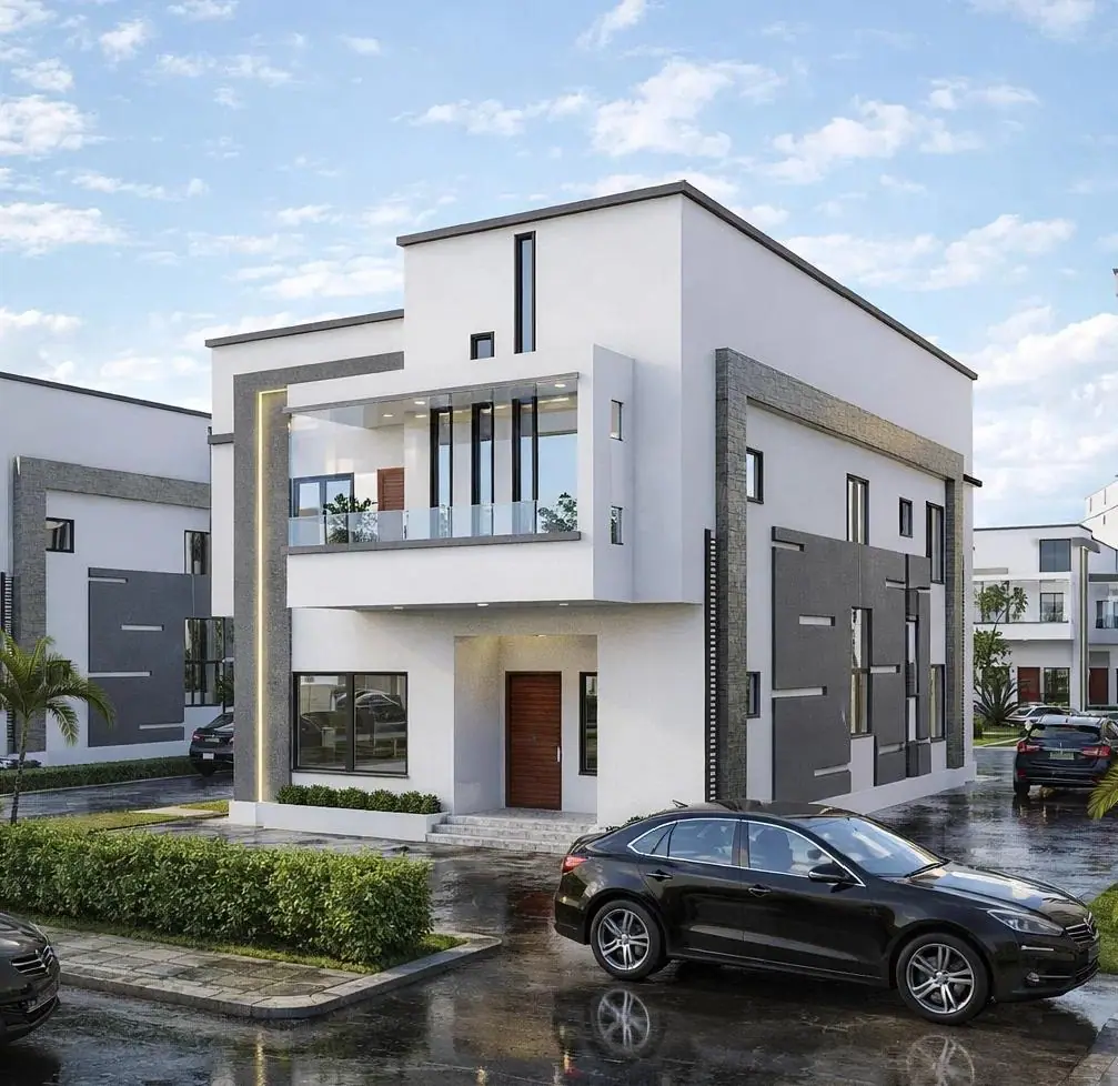 Rendering of a duplex frontage with a dark cladding panel, balcony and a car parked in the driveway